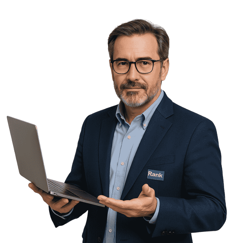 Consultor experto de AgenciaRank listo para una consultoría gratuita sobre crecimiento digital en México, mostrando un plan de acción en su laptop.